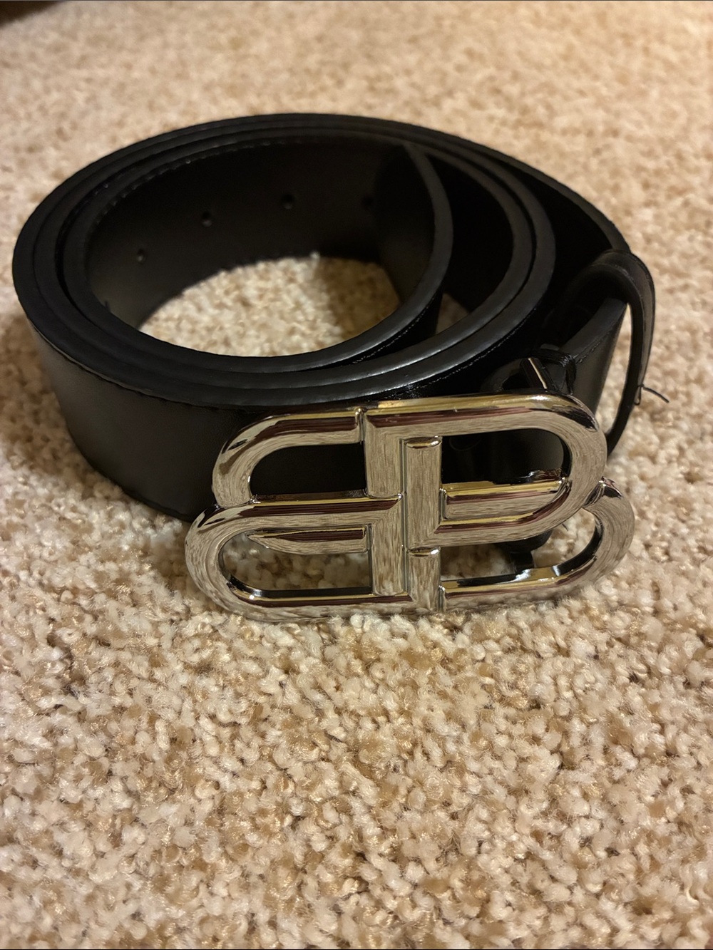 Black Men’s Leather Belt with Silver Double B Buckle
